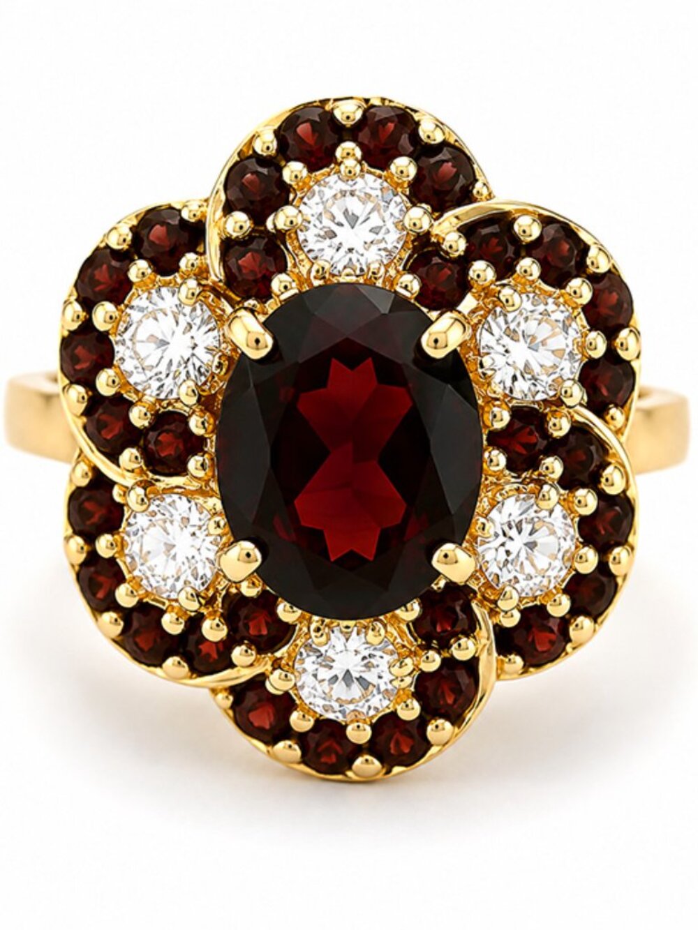 Genuine 3.50 Cts Garnet & White Sapphire Ring 10k Gold